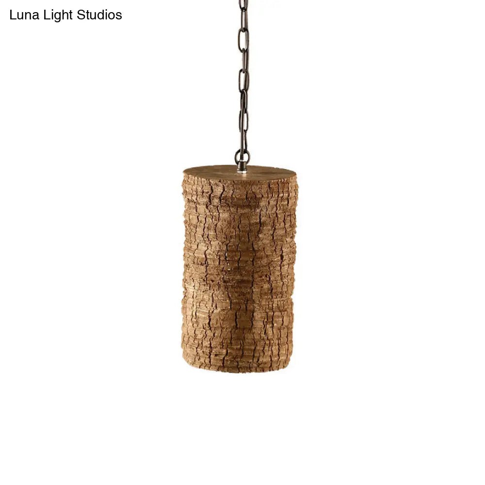 Industrial Brown Resin Pendant Ceiling Lamp - 1 Light Cylinder Hanging Kit With Timber Pile Design