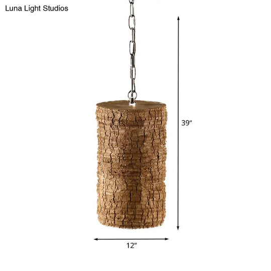 Industrial Brown Resin Pendant Ceiling Lamp - 1 Light Cylinder Hanging Kit With Timber Pile Design