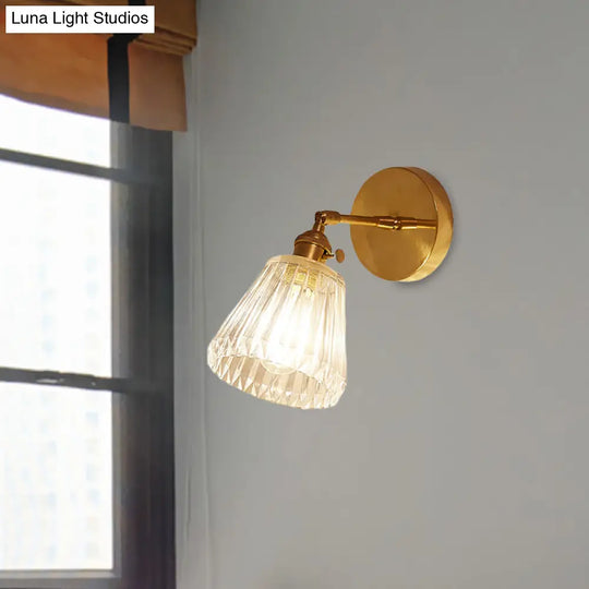 Industrial Brown Tapered Sconce Wall Lamp With Clear Textured Glass - 1 Light Fixture