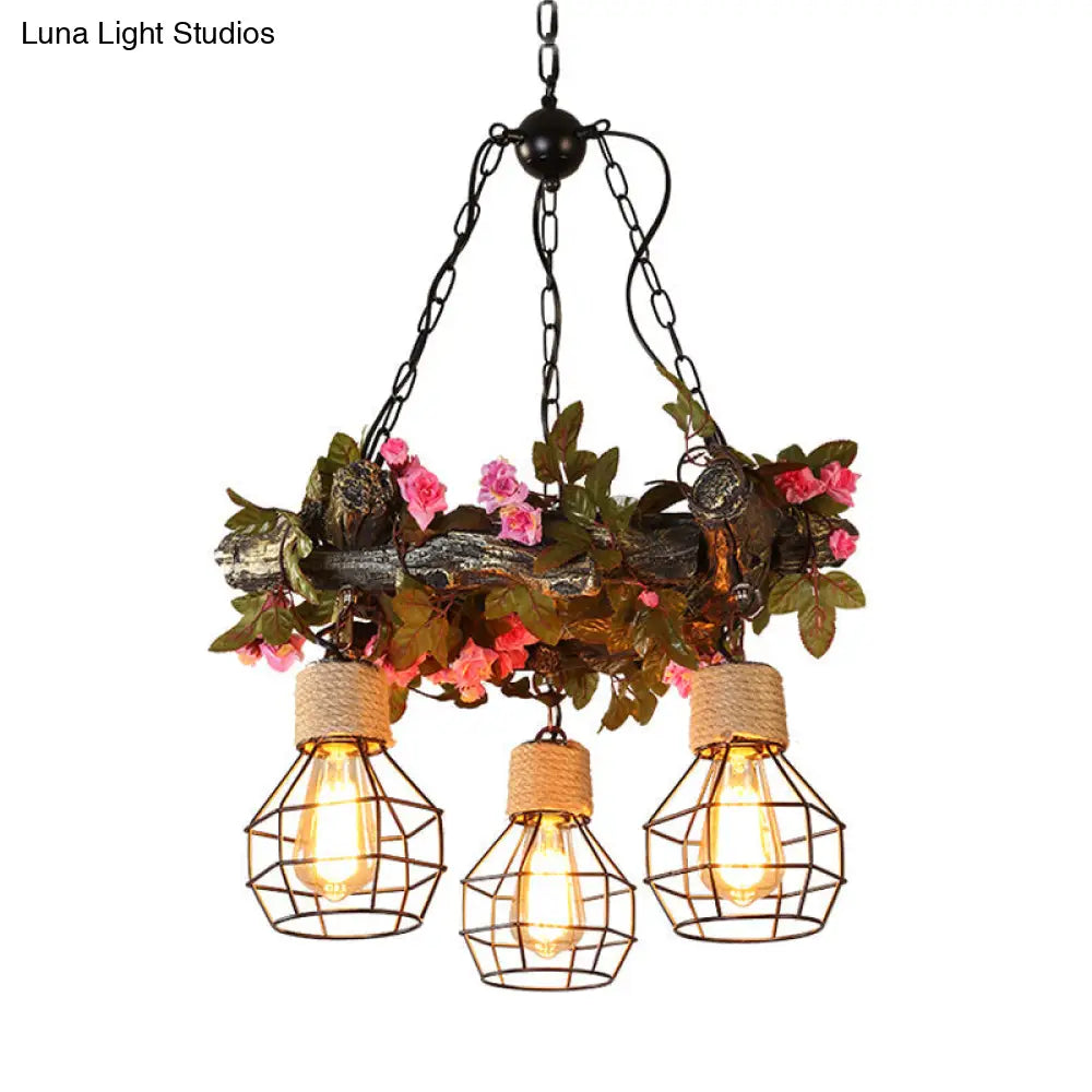 Industrial Metal Led Ceiling Chandelier With 3 Bulbs In Vibrant Red/Pink/Green - Flower/Plant/Maple