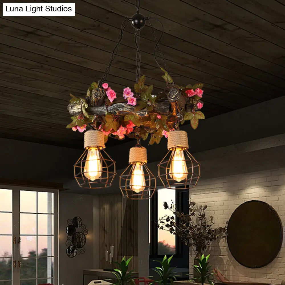 Industrial Metal Led Ceiling Chandelier With 3 Bulbs In Vibrant Red/Pink/Green - Flower/Plant/Maple