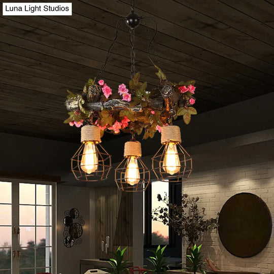 Industrial Metal Led Ceiling Chandelier With 3 Bulbs In Vibrant Red/Pink/Green - Flower/Plant/Maple