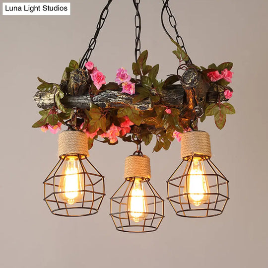 Industrial Metal Led Ceiling Chandelier With 3 Bulbs In Vibrant Red/Pink/Green - Flower/Plant/Maple