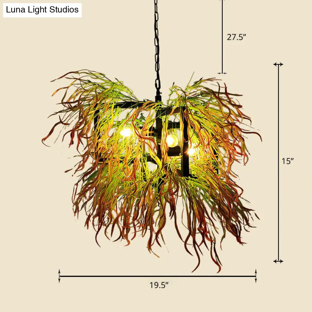 Iron Pendant Chandelier With Industrial Cage And Faux Plant Décor Green-Red