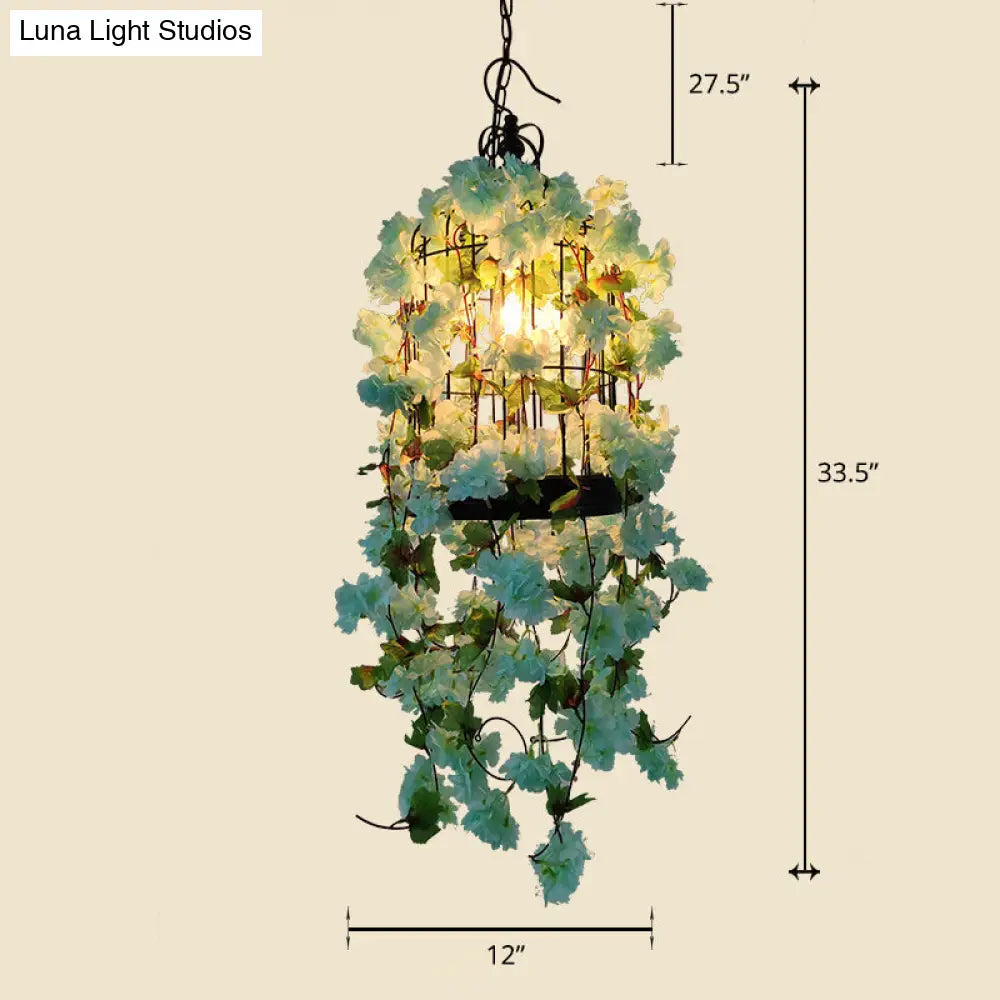 Iron Pendant Chandelier With Industrial Cage And Faux Plant Décor Blue