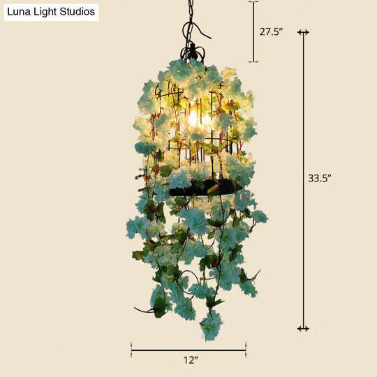 Iron Pendant Chandelier With Industrial Cage And Faux Plant Décor Blue