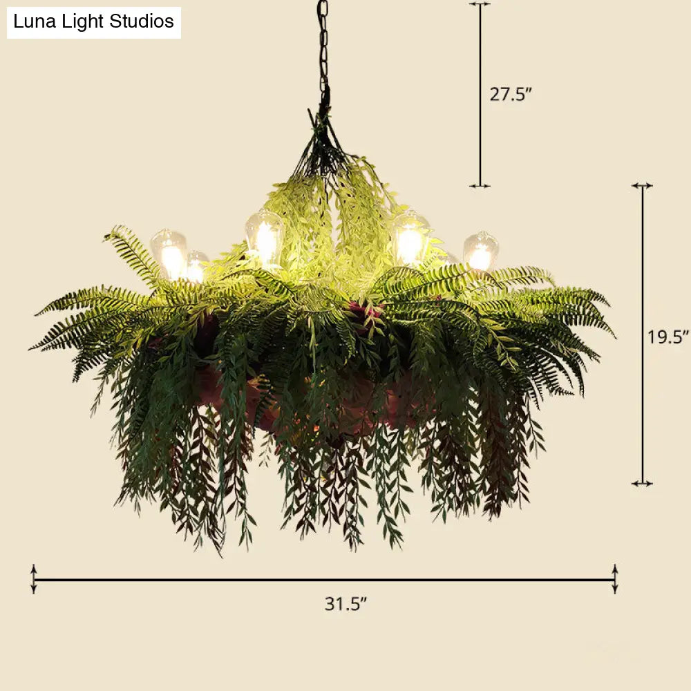 Iron Pendant Chandelier With Industrial Cage And Faux Plant Décor Green