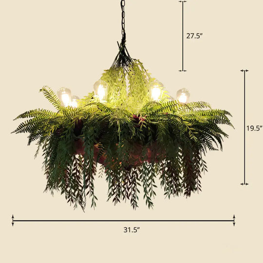 Industrial Cage Chandelier Pendant Light With Faux Plant Decor Green