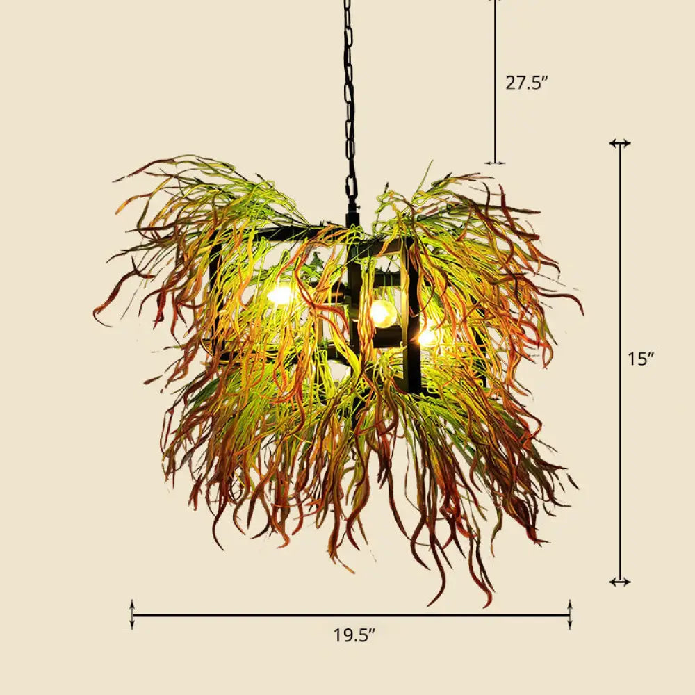 Industrial Cage Chandelier Pendant Light With Faux Plant Decor Green-Red