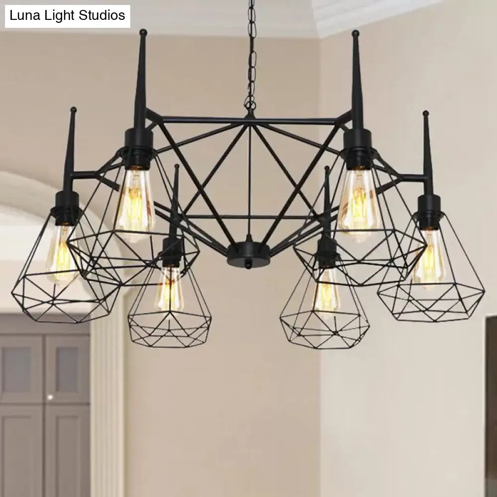 Black Industrial Cage Diamond Chandelier With Adjustable Chain - Retro Pendant Light