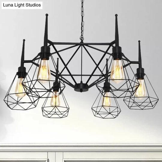 Industrial Cage Diamond Iron Chandelier Pendant Light With Adjustable Chain - Retro Multi-Light