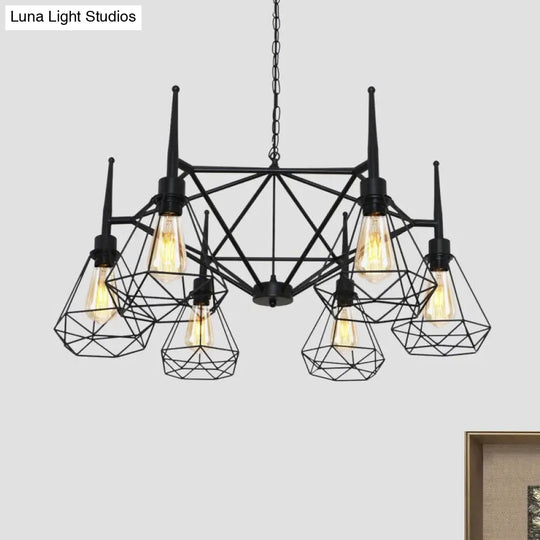 Black Industrial Cage Diamond Chandelier With Adjustable Chain - Retro Pendant Light