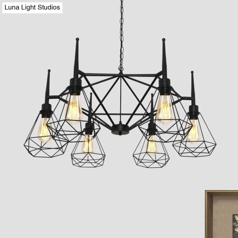 Industrial Cage Diamond Iron Chandelier Pendant Light With Adjustable Chain - Retro Multi-Light