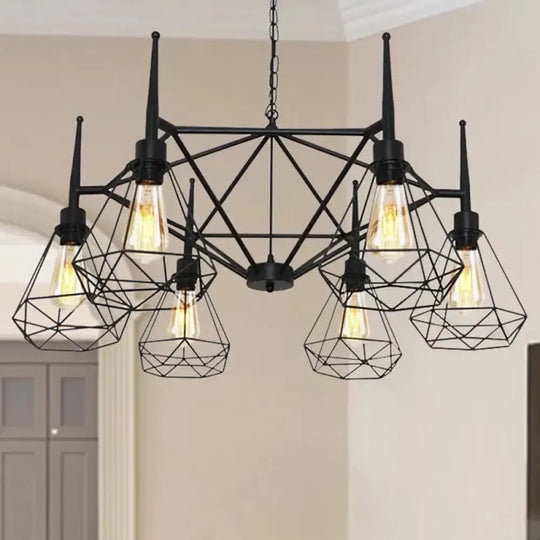 Industrial Cage Diamond Iron Chandelier Pendant Light With Adjustable Chain - Retro Multi-Light