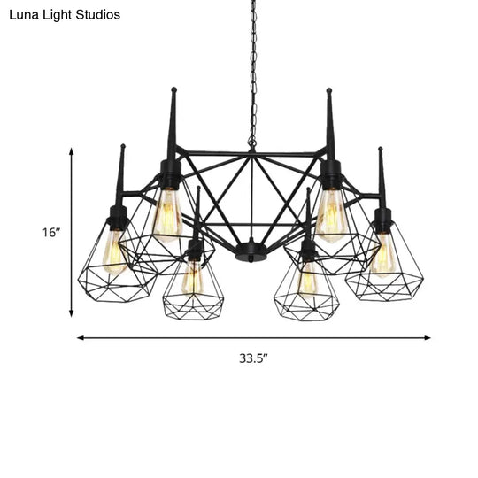 Industrial Cage Diamond Iron Chandelier Pendant Light With Adjustable Chain - Retro Multi-Light