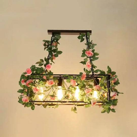 Industrial Cage Island Pendant Light With Plant Decoration - Rustic Restaurant Lighting 4 / Pink