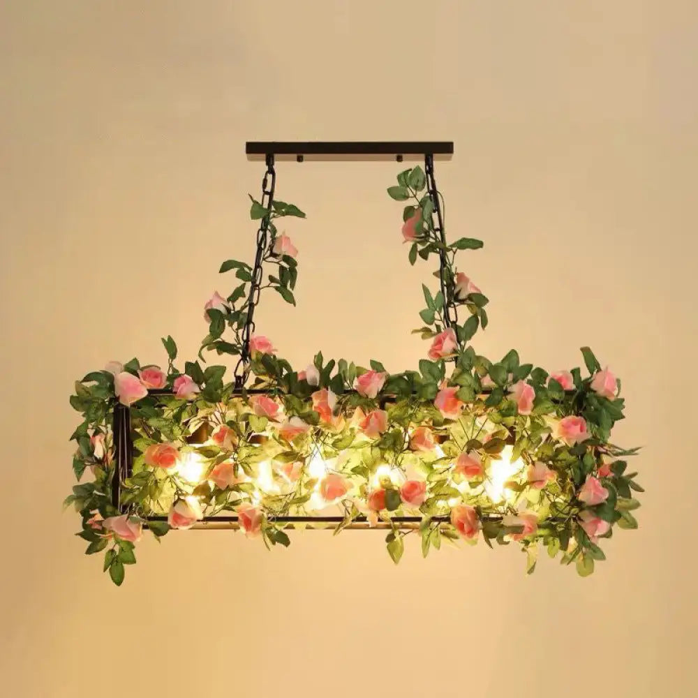 Industrial Cage Island Pendant Light With Plant Decoration - Rustic Restaurant Lighting 6 / Pink