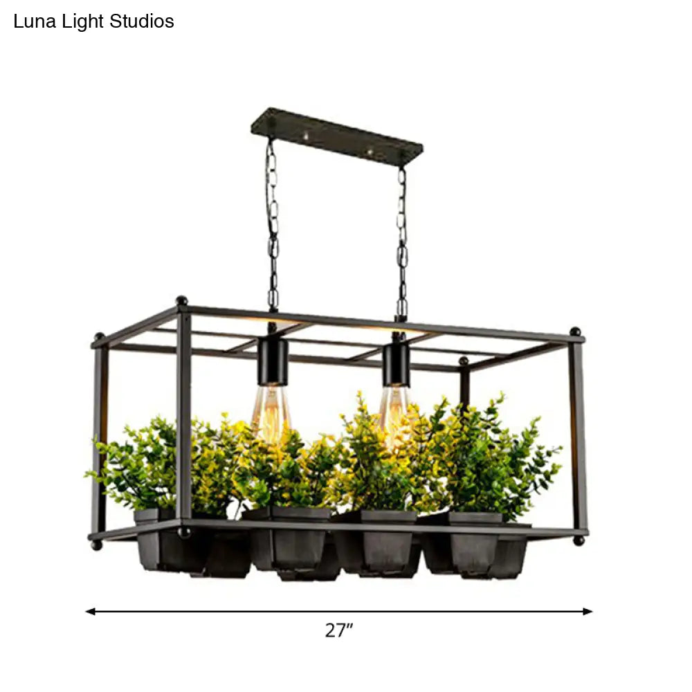 Industrial Cage Island Pendant Light With Plant Pot - 2 Bulbs Metal Rectangular Shape