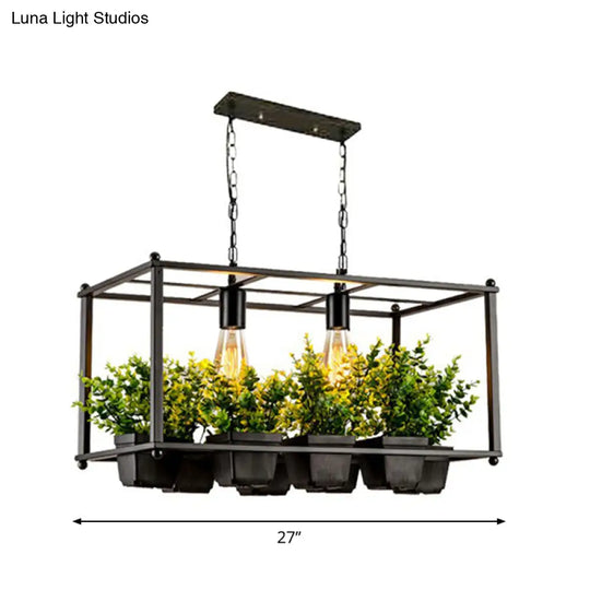 Industrial Cage Island Pendant Light With Plant Pot - 2 Bulbs Metal Rectangular Shape