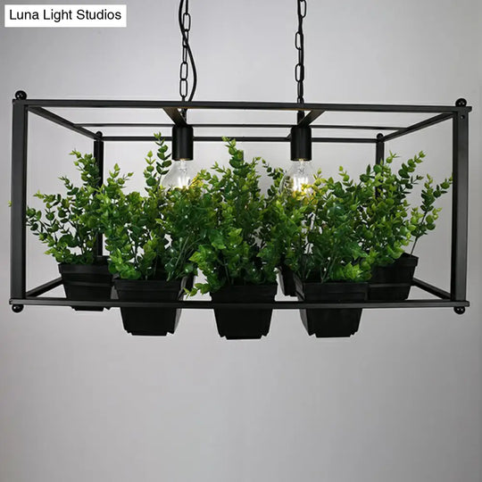 Industrial Cage Island Pendant Light With Plant Pot - 2 Bulbs Metal Rectangular Shape