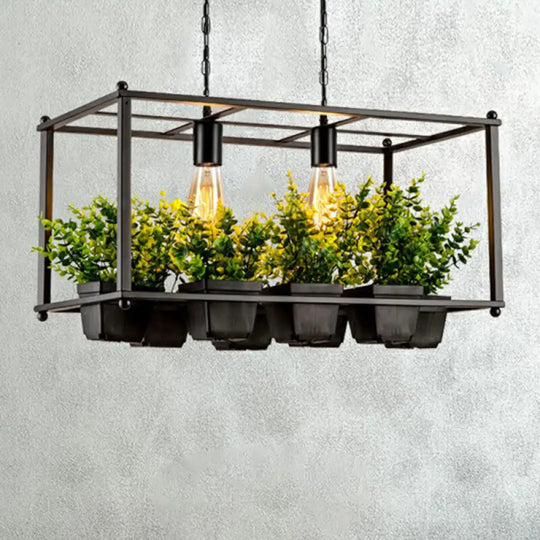 Industrial Cage Island Pendant Light With Plant Pot - 2 Bulbs Metal Rectangular Shape Green