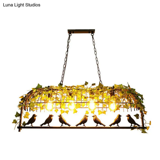 Industrial Cage Metal Pendant Light With Green Imitation Leaf For Dining Room