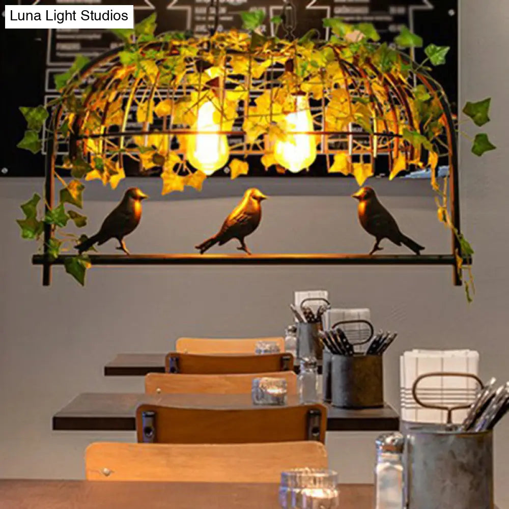 Industrial Cage Metal Pendant Light With Green Imitation Leaf For Dining Room