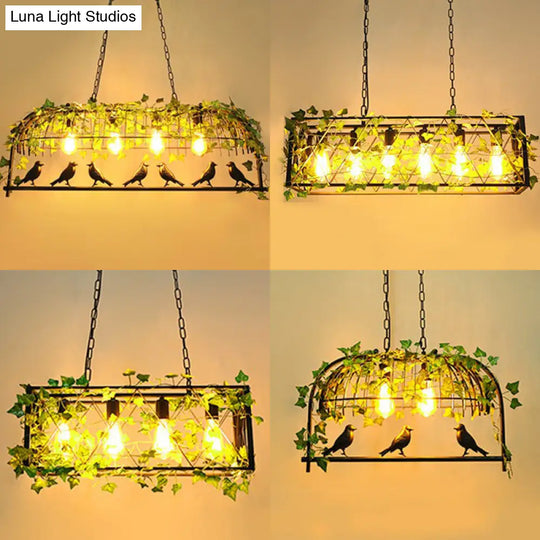 Industrial Cage Metal Pendant Light With Green Imitation Leaf For Dining Room