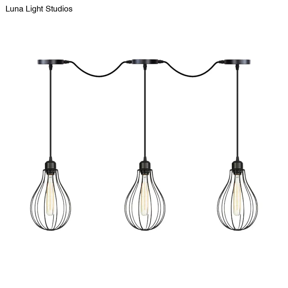 Industrial Cage Pendant Chandelier With Multi-Bulb Kit In Black
