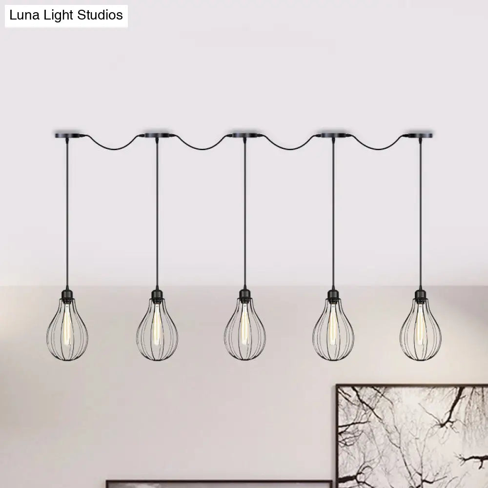 Industrial Pear Cage Pendant Chandelier With 3/5/7 Bulb Multi Light Kit In Black Iron