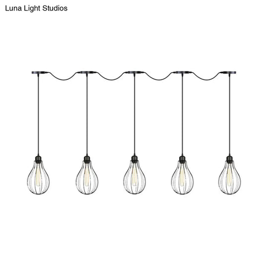 Industrial Pear Cage Pendant Chandelier With 3/5/7 Bulb Multi Light Kit In Black Iron