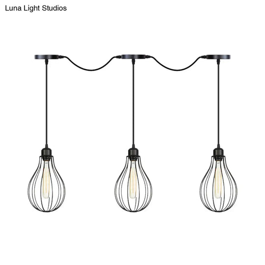 Industrial Pear Cage Pendant Chandelier With 3/5/7 Bulb Multi Light Kit In Black Iron