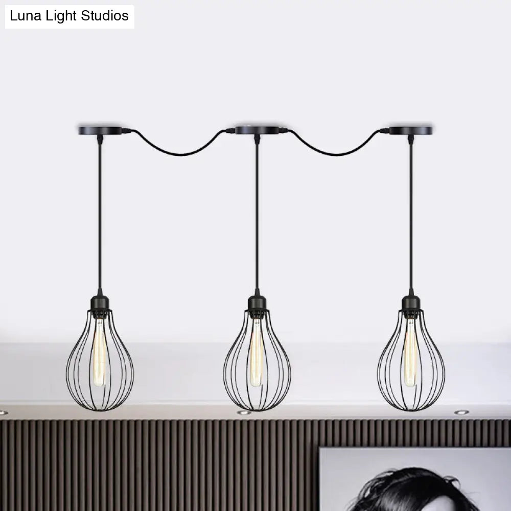 Industrial Pear Cage Pendant Chandelier With 3/5/7 Bulb Multi Light Kit In Black Iron 3 /