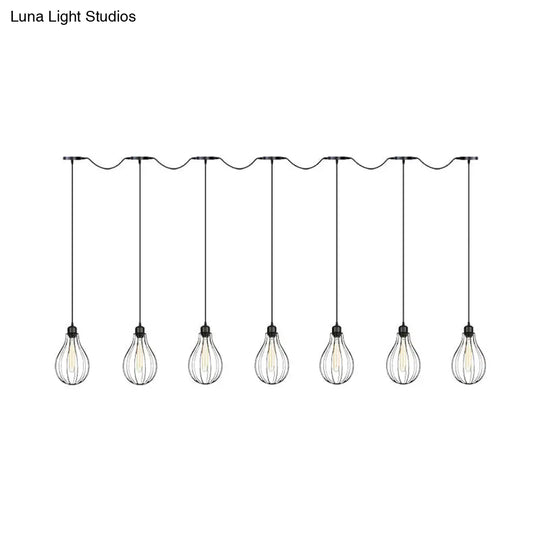 Industrial Pear Cage Pendant Chandelier With 3/5/7 Bulb Multi Light Kit In Black Iron