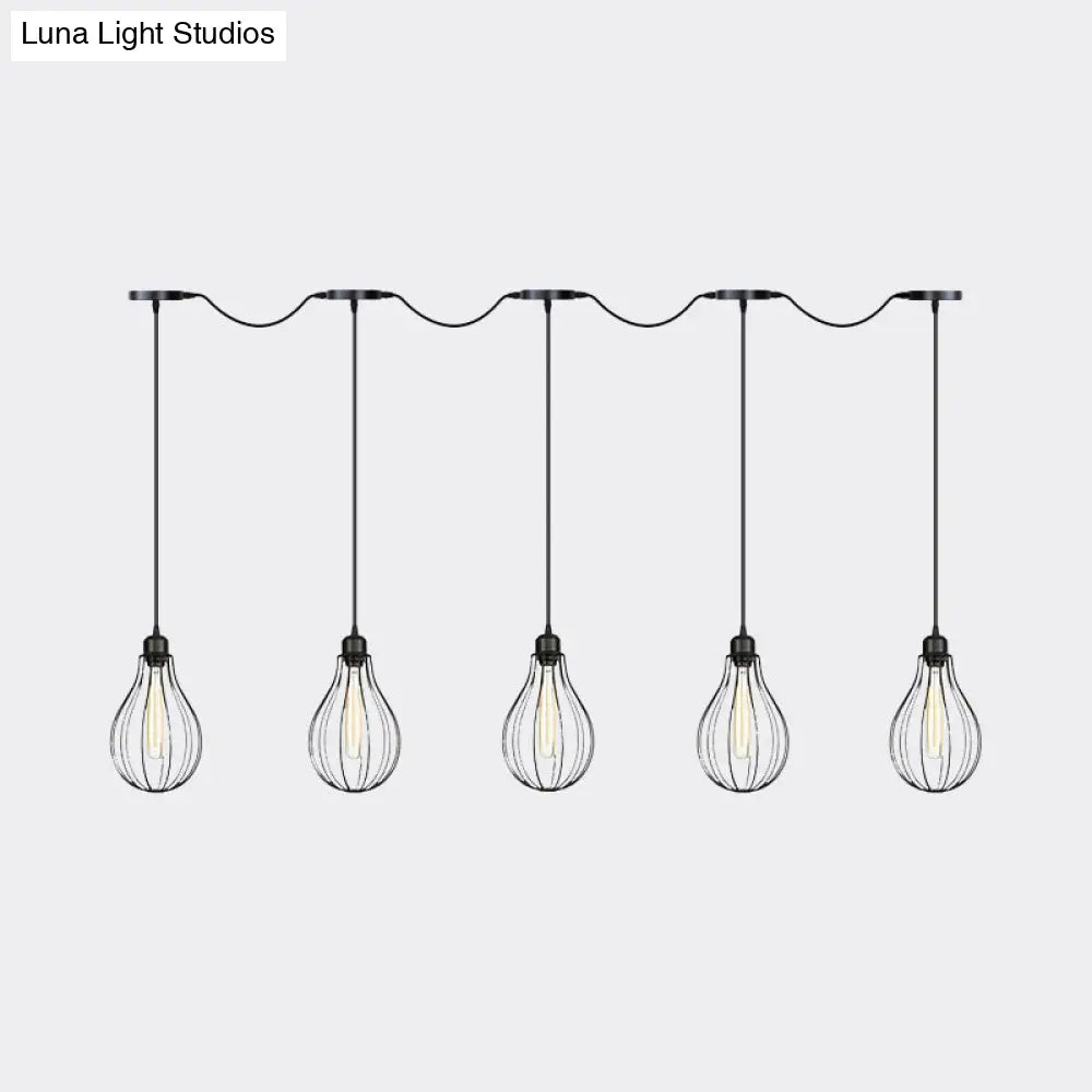 Industrial Pear Cage Pendant Chandelier With 3/5/7 Bulb Multi Light Kit In Black Iron