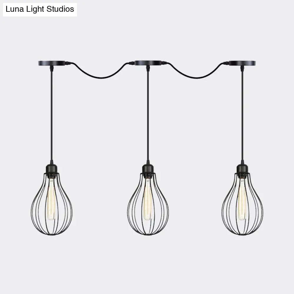 Industrial Pear Cage Pendant Chandelier With 3/5/7 Bulb Multi Light Kit In Black Iron