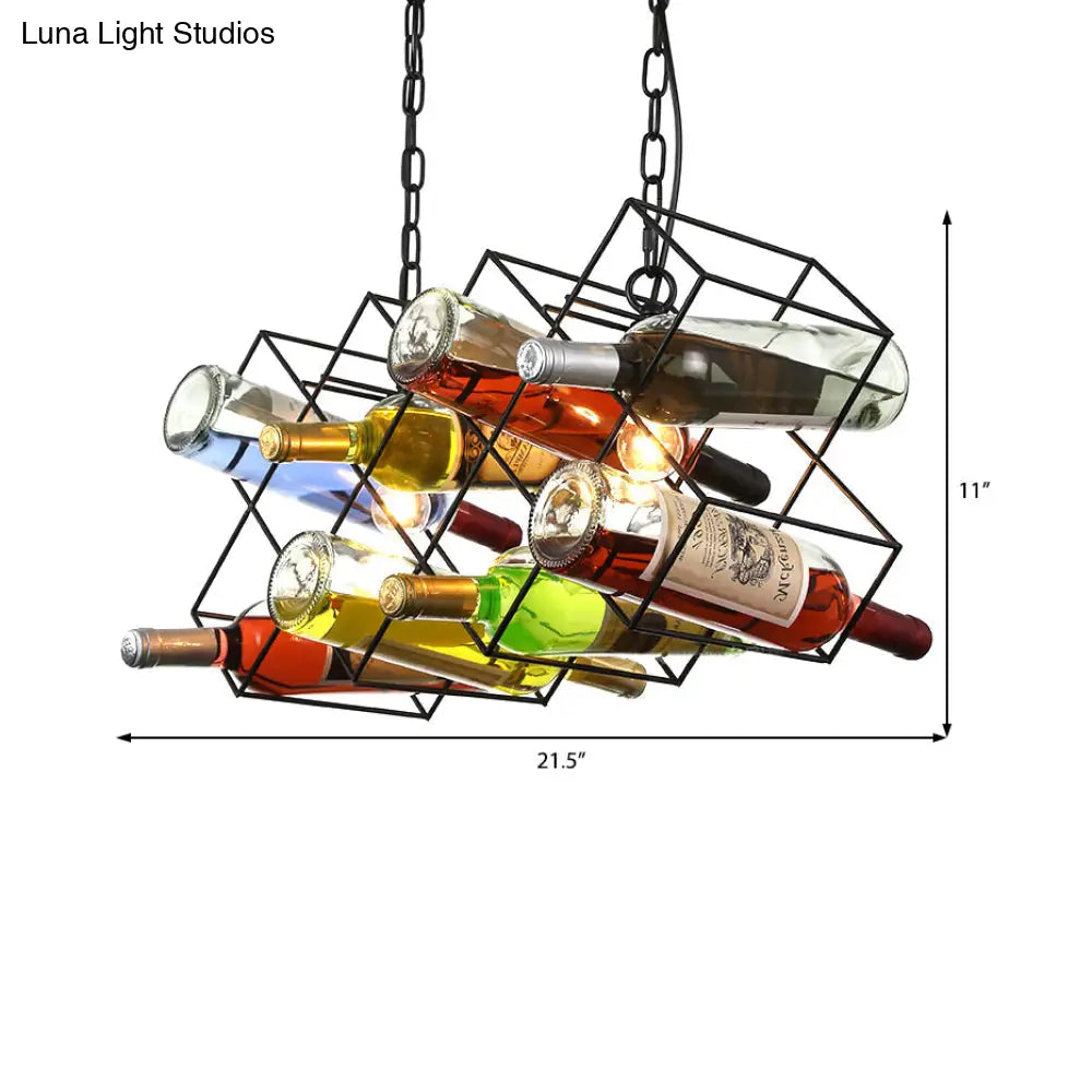 Industrial Cage Pendant Lamp With Exposed Bulb - Metal Black Chandelier Fixture (3 Light) Incl.