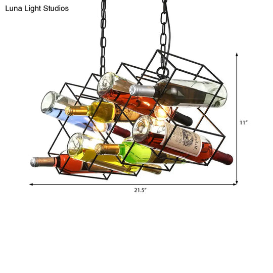 Industrial Cage Pendant Lamp With Exposed Bulb - Metal Black Chandelier Fixture (3 Light) Incl.