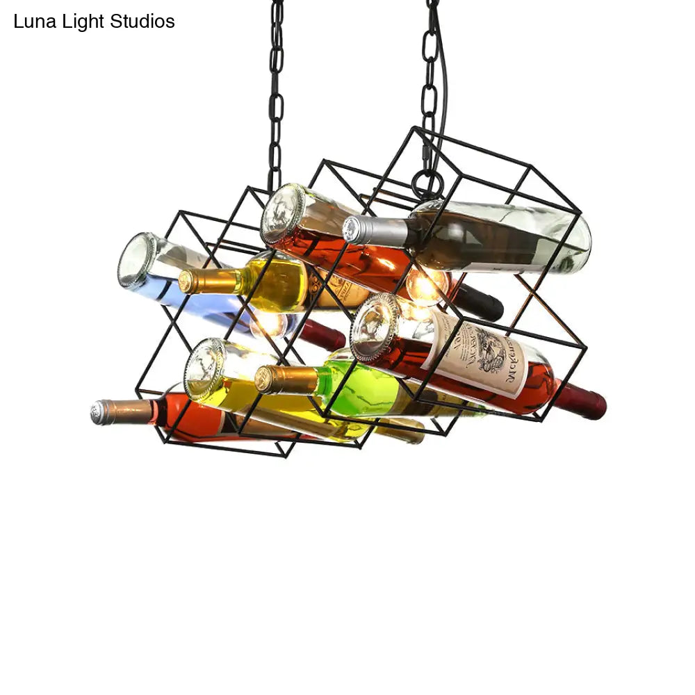 Industrial Cage Pendant Lamp With Exposed Bulb - Metal Black Chandelier Fixture (3 Light) Incl.