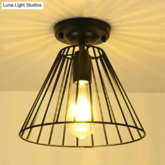 Industrial Cage-Style Conical Semi-Flush Light In Black - Indoor 1 Bulb Mount