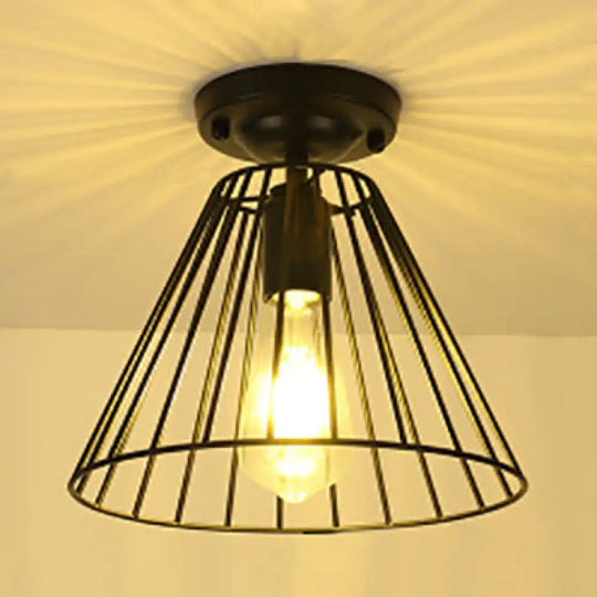 Industrial Cage - Style Conical Semi - Flush Light In Black - Indoor 1 Bulb Mount