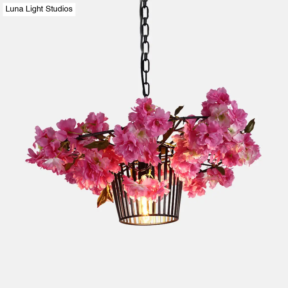Industrial Cage Suspension Pendant Light With Cherry Blossom Design In Black - 18’/23.5’ Width