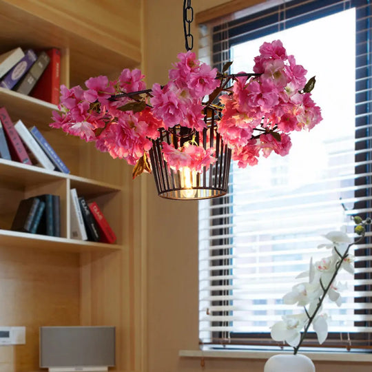 Industrial Cage Suspension Pendant Light With Cherry Blossom Design In Black - 18’/23.5’ Width / 18’