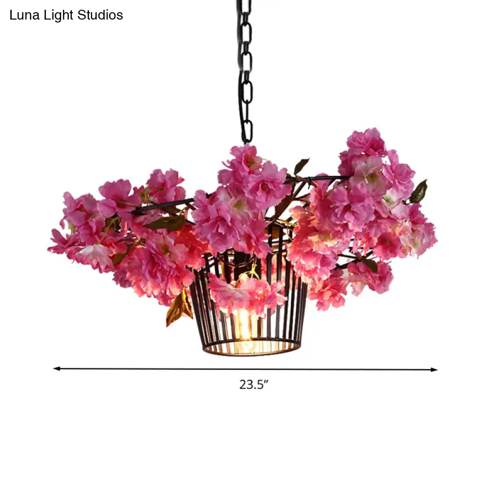 Industrial Cage Suspension Pendant Light With Cherry Blossom Design In Black - 18’/23.5’ Width