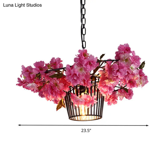 Industrial Cage Suspension Pendant Light With Cherry Blossom Design In Black - 18’/23.5’ Width