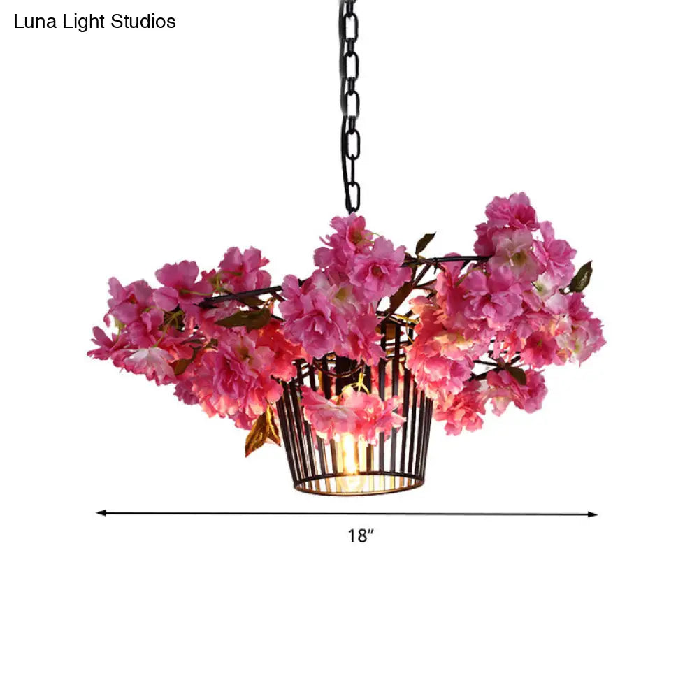 Industrial Cage Metal Ceiling Pendant Light - 18/23.5 W 1-Light Suspension Fixture Black With Cherry