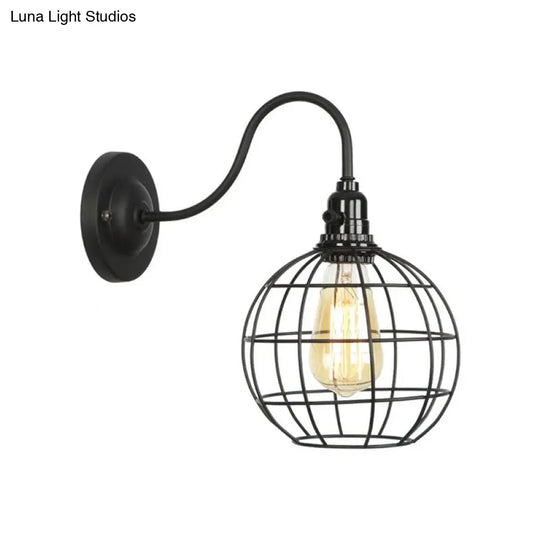 Industrial Cage Wall Sconce - 1 Bulb Metallic Lighting With Gooseneck Arm In Black