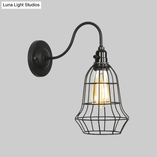 Industrial Cage Wall Sconce - 1 Bulb Metallic Lighting With Gooseneck Arm In Black