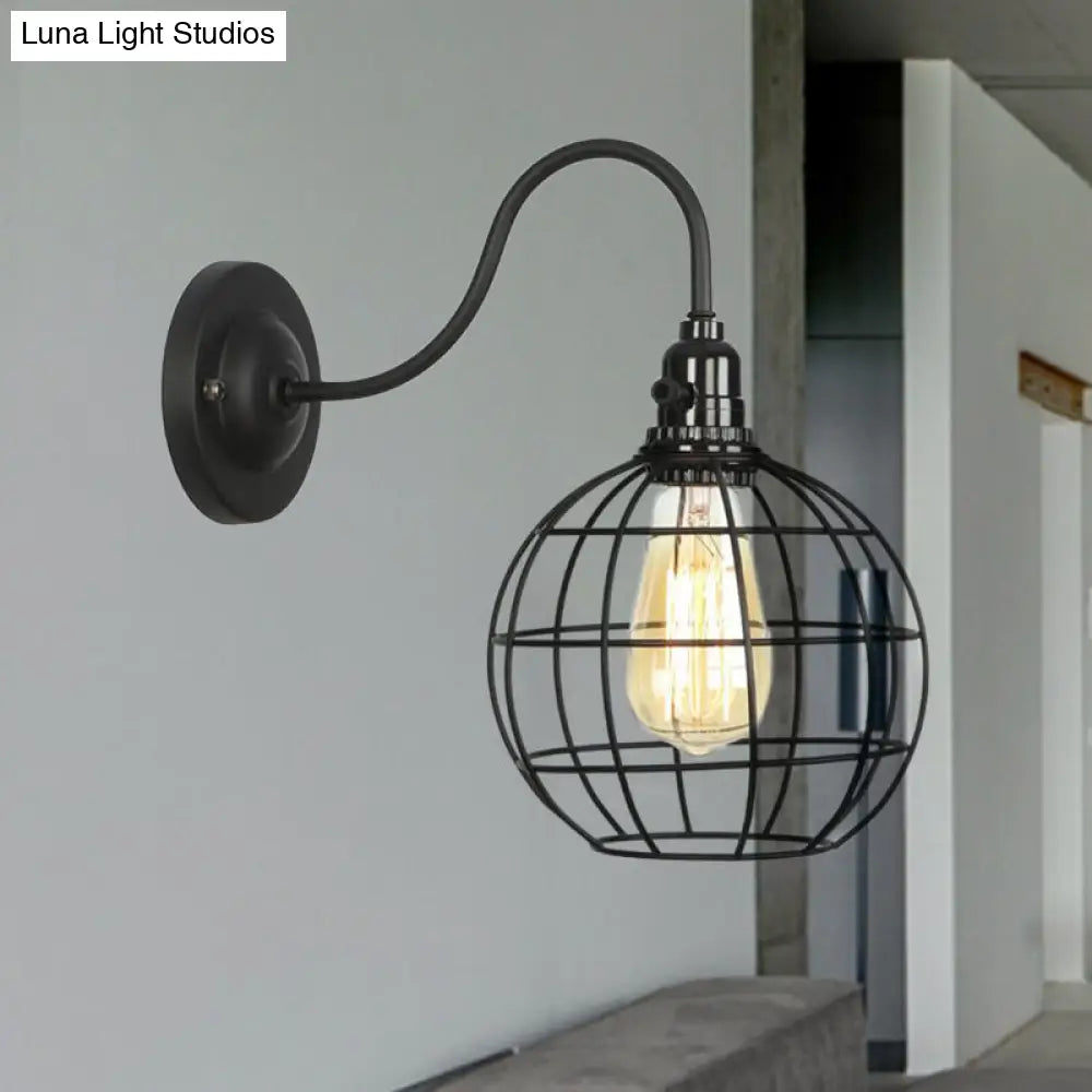 Industrial Cage Wall Sconce - 1 Bulb Metallic Lighting With Gooseneck Arm In Black