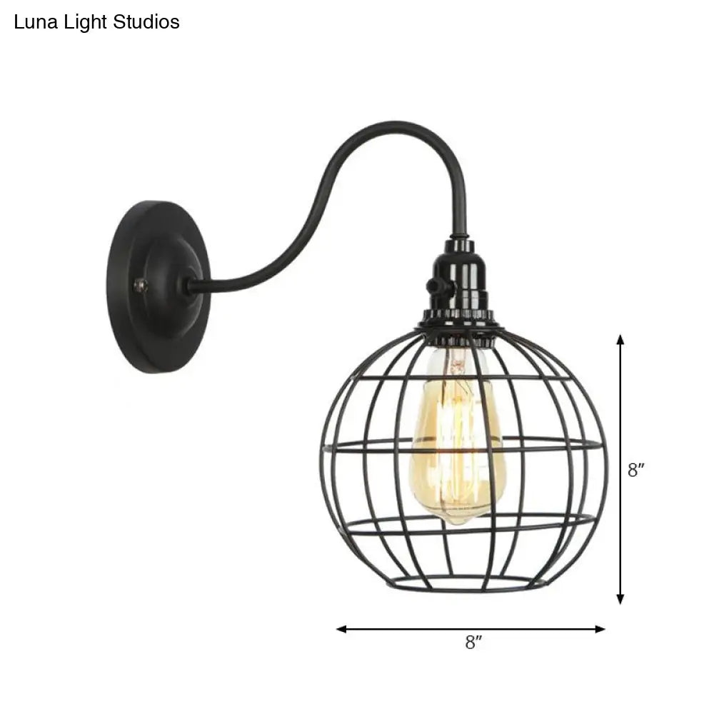 Industrial Cage Wall Sconce - 1 Bulb Metallic Lighting With Gooseneck Arm In Black